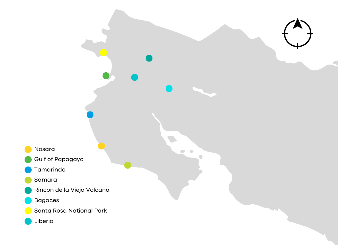 Map of Guanacaste with popular beaches, towns, and national parks